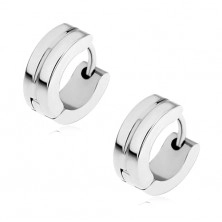 Hinged steel earrings in silver colour, mirror-polished surface, groove