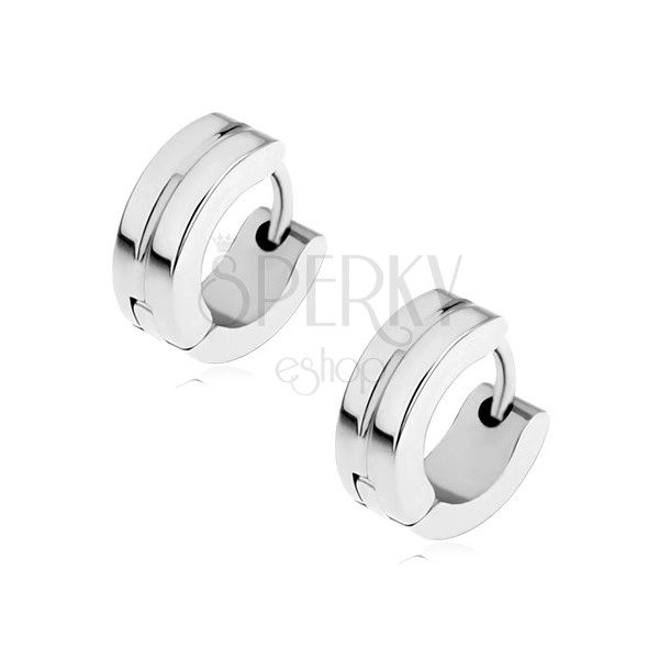 Hinged steel earrings in silver colour, mirror-polished surface, groove