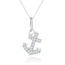 Necklace made of 925 silver, pendant of anchor inlaid with clear stones