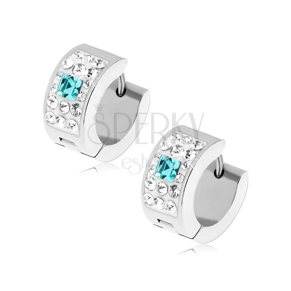 Steel earrings, silver colour, clear stones, light blue zircon square