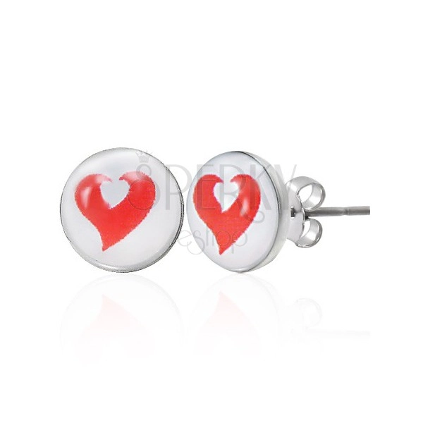 Stainless steel earrings - red and white heart
