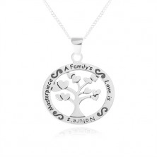 925 silver necklace, oval pendant - tree with hearts, inscription