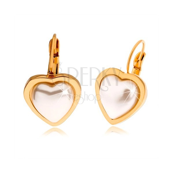 Steel earrings in gold colour, pearly white stone in shape of heart