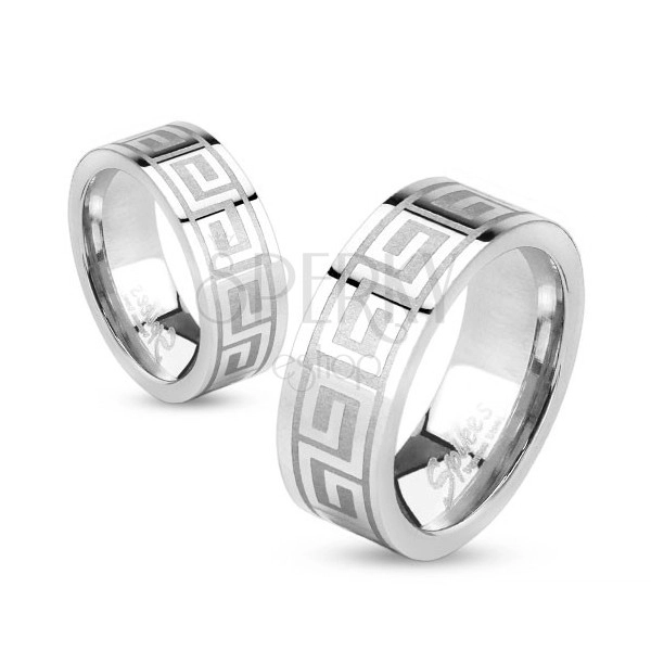 Wedding ring made of steel of silver colour, shiny surface, Greek key, 6 mm
