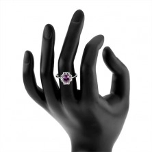 Engagement ring made of 925 silver, oval violet stone, zircon bordering