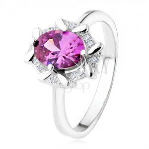 Engagement ring made of 925 silver, oval violet stone, zircon bordering