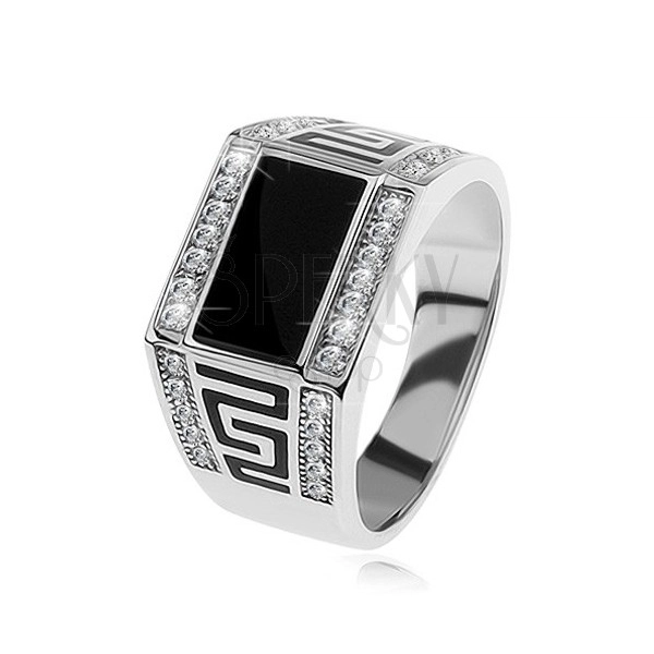 925 silver ring, black rectangle, clear shimmering stones, Greek key
