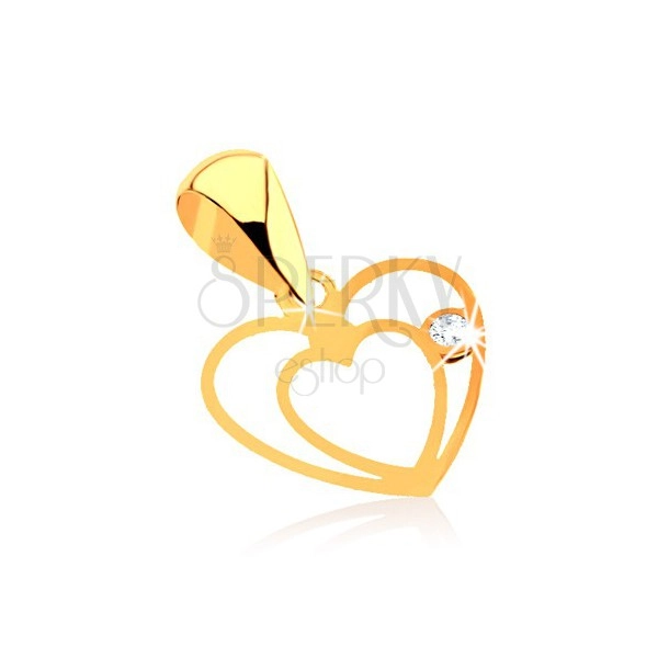 Pendant made of yellow 9K gold - fine double outline of heart, clear zircon