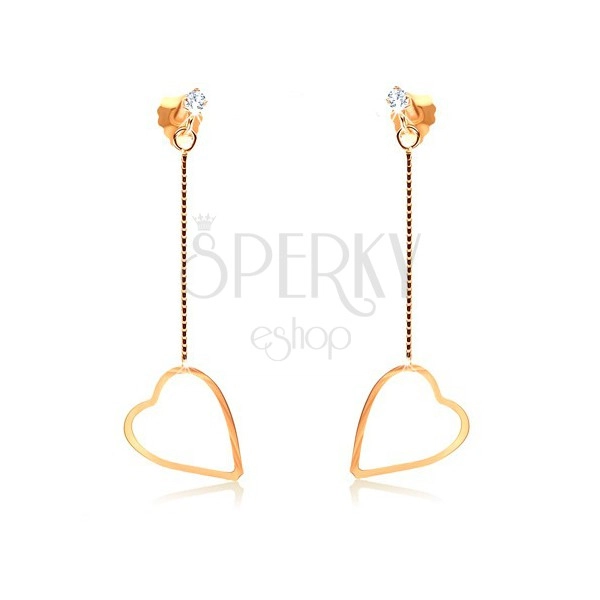 Earrings in yellow 9K gold - slim contour of regular heart on chain