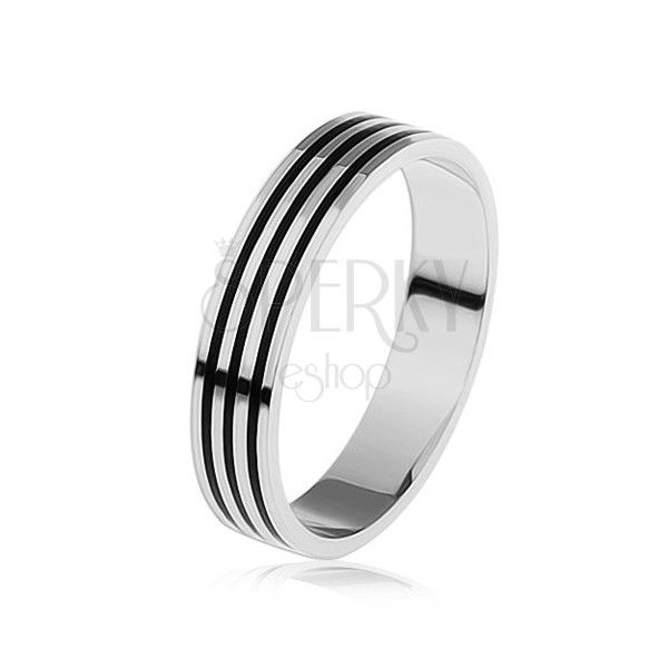 Silver ring 925, three thin black stripes on the band