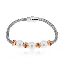 Steel bracelet, disks in coppery tone, beads with pearly gloss