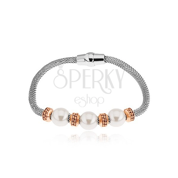Steel bracelet, disks in coppery tone, beads with pearly gloss