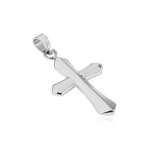Steel pendant of silver colour, shiny cross - bevelled edges, pointy tips