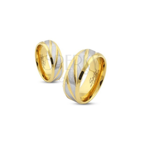 Ring in gold colour made of steel, matt oblique stripes in silver tone, 8 mm
