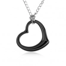 Steel necklace, black ceramic heart contour, chain in silver colour