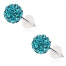 Steel earrings - shimmering Shamballa balls, light blue zircons, 8 mm
