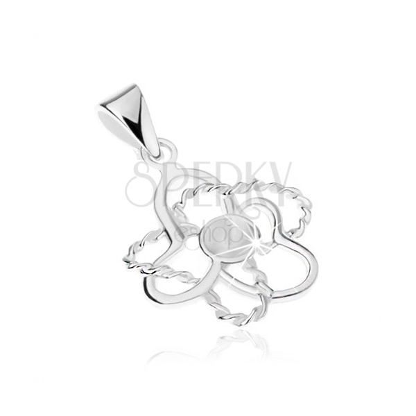 Silver pendant 925, flower contour, glossy and spiral petals, pin