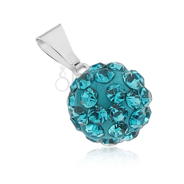 Steel pendant - Shamballa ball with zircons in turquoise colour, 12 mm