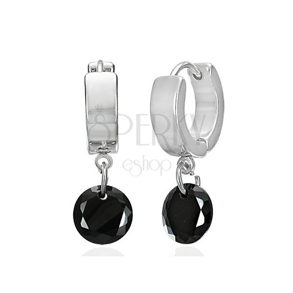 Earrings made of surgical steel, dangling zircon cone of black colour