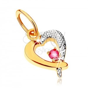 Two-coloured pendant in 9K gold - heart outline with dark pink ruby, rhodium plated