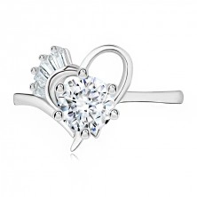 Ring made of silver 925, protuberant clear zircon in heart contour
