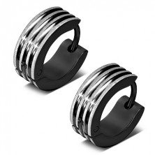 Round earrings made of steel in black colour, elevated stripes of silver colour