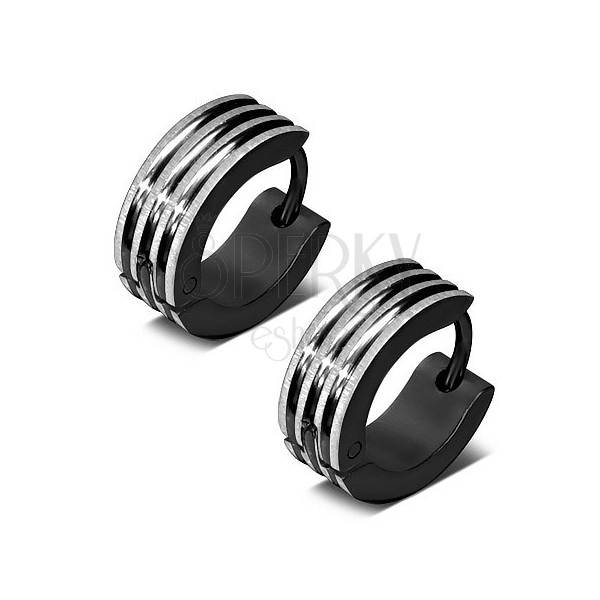Round earrings made of steel in black colour, elevated stripes of silver colour