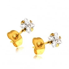 Stud earrings of gold colour made of 316L steel, clear zircon squares