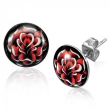 Steel stud earrings in silver colour, red blooming rose