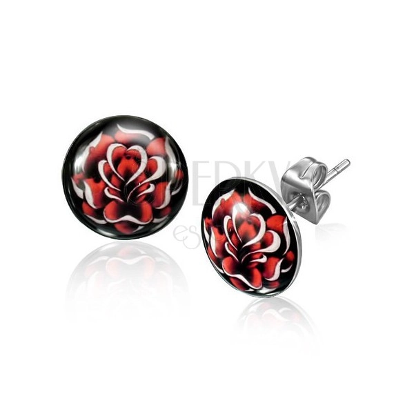 Steel stud earrings in silver colour, red blooming rose