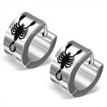 Round steel earrings in silver colour, matt surface, black scorpion