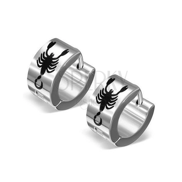 Round steel earrings in silver colour, matt surface, black scorpion
