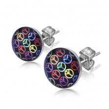 Steel stud earrings, colourful peace symbols on black background