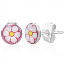 Steel earrings in silver colour, white flower on pink background