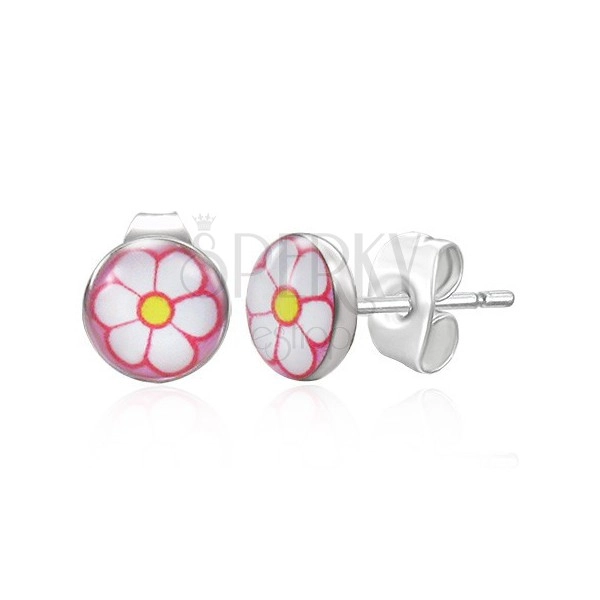 Steel earrings in silver colour, white flower on pink background