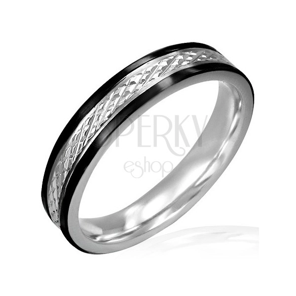 Thin steel ring with rhombic pattern and black lining