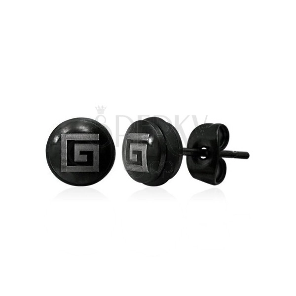 Stud steel earrings with Greek symbol, black colour