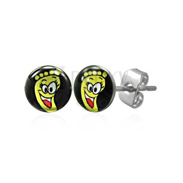 Stud earrings made of steel, clear glaze, yellow foot with smiling face