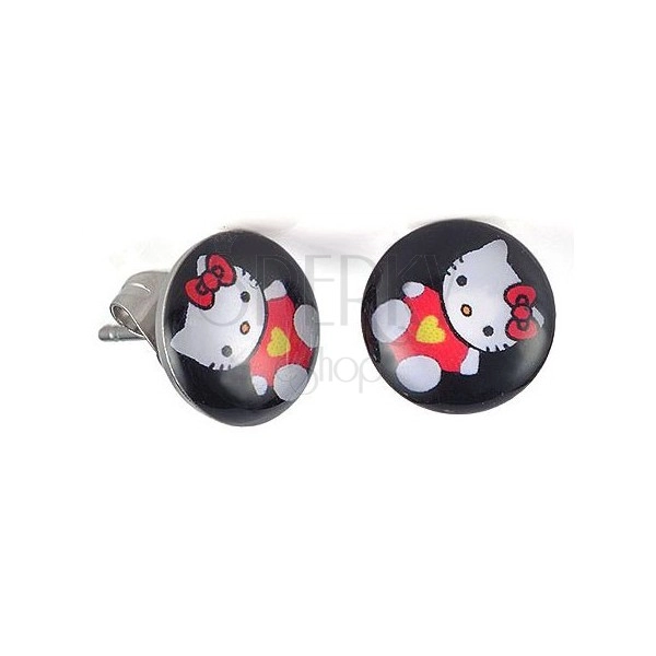 Stud earrings made of steel, glaze, Hello Kitty cat on black background