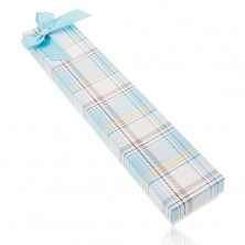 Checked chain and wristwatch gift box, bow made of shiny light blue ribbon