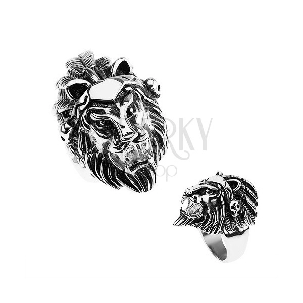 Ring made of 316L steel, silver colour, lion head, headband with feathers, skulls