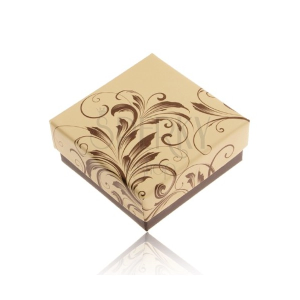 Ring or earrings gift box, creamy and brown colour, flowery ornaments