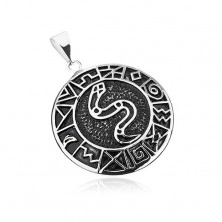 Pendant made of stainless steel, snake in circle surrounded by ancient symbols