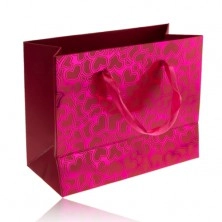 Gift bag, shiny pink surface, matt asymmetrical hearts, ribbons