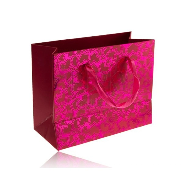 Gift bag, shiny pink surface, matt asymmetrical hearts, ribbons