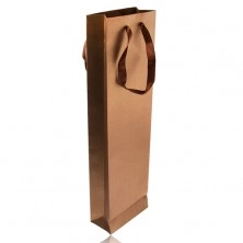 Elongated gift bag in bronze colour, glitters, brown ribbons