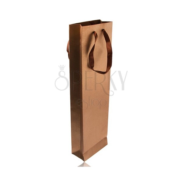Elongated gift bag in bronze colour, glitters, brown ribbons