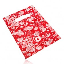 Plastic gift bag, heart-shaped print on red background