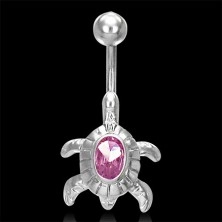 Turtle belly button ring - pink rhinestone