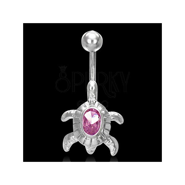 Turtle belly button ring - pink rhinestone